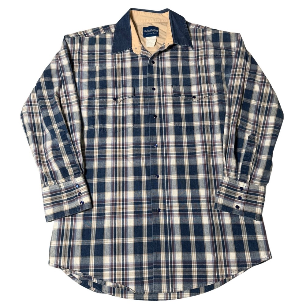 Wrangler Western Shirt Mens Large Blue Plaid Pearl Snap Denim Collar Long Sleeve